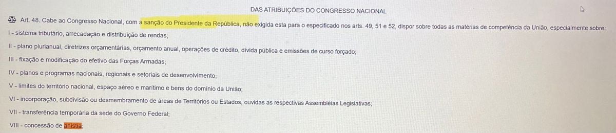 Artigo 48 da Constituição Federal prevê sanção para projeto de lei da anistia