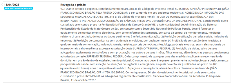 Decisão de Moraes que revogou a prisão de Brazão.