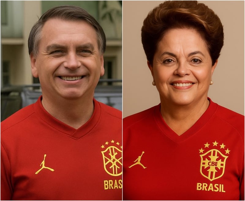Imagens geradas por inteligência artificial mostram o ex-presidente Jair Bolsonaro e a ex-presidente Dilma Rousseff com o uniforme vermelho.