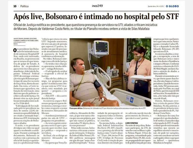 Caderno de política do jornal na quinta-feira (24)