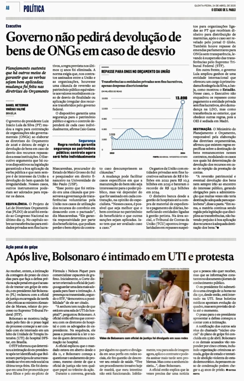 Caderno de política do jornal na quinta-feira (24)