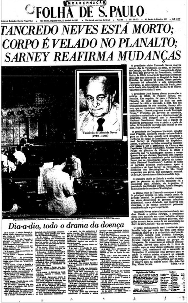Reprodução da capa da Folha em 22 de abril de 1985