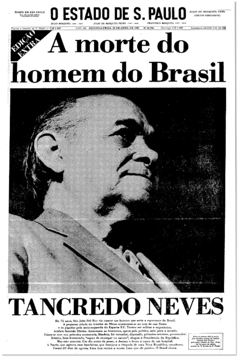 Capa da edição de 22 de abril de 1985 do Estadão
