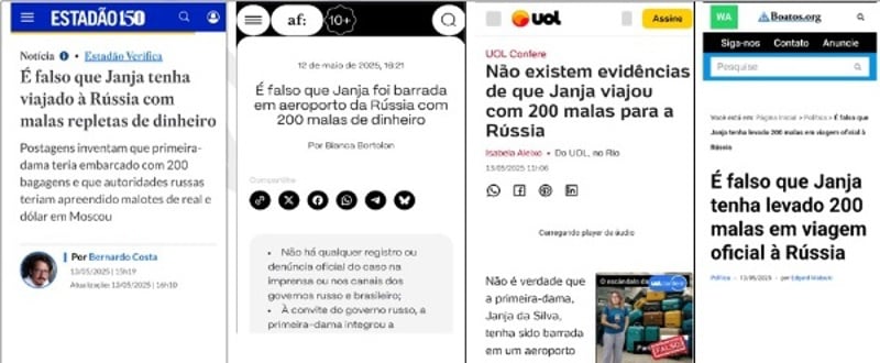 AGU incluiu prints de veículos que fazem checagem mostrando que informações divulgadas sobre apreensão de malas de dinheiro são falsas