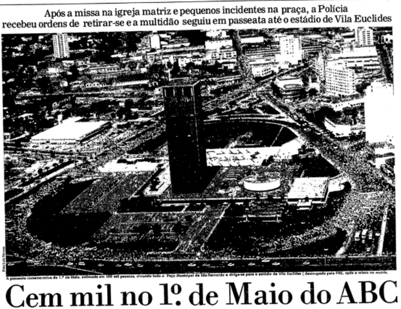 Capa da Folha de S.Paulo em 2 de maio de 1980 dava destaque ao ato no ABC Paulista.