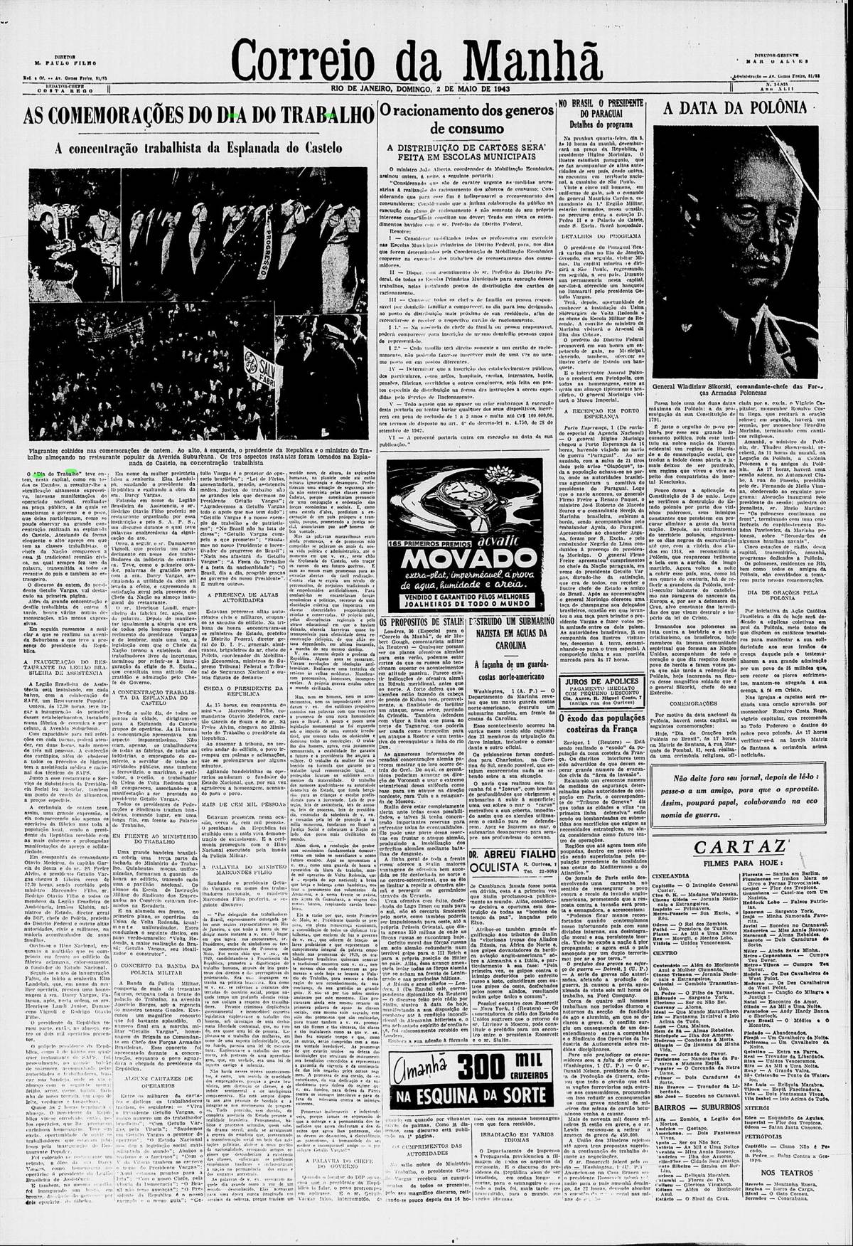 Capa do jornal Correio da Manhã do dia 2 de maio de 1943