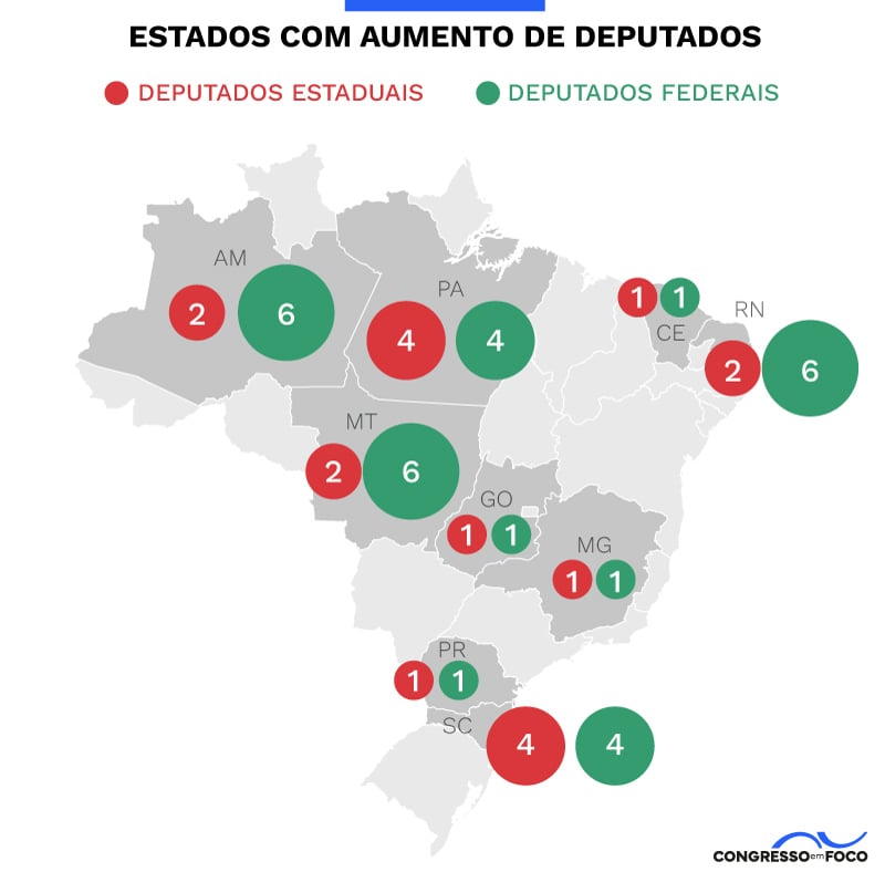 Aumento previsto no número de cadeiras caso o projeto da Câmara seja aprovado pelo Senado e sancionado por Lula até o fim de junho