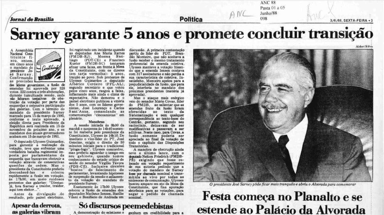 Há 37 anos, Sarney garantia 5 anos de mandato e dividia o Congresso