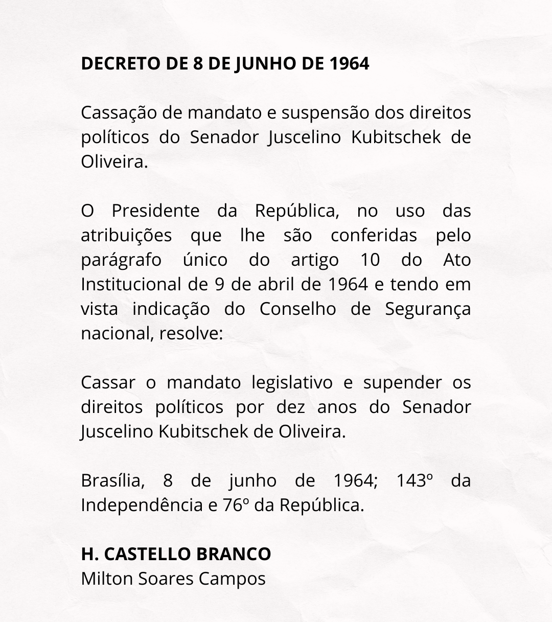 O decreto de cassação do então senador por Goiás Juscelino Kubitschek, assinado pelo presidente Castello Branco.
