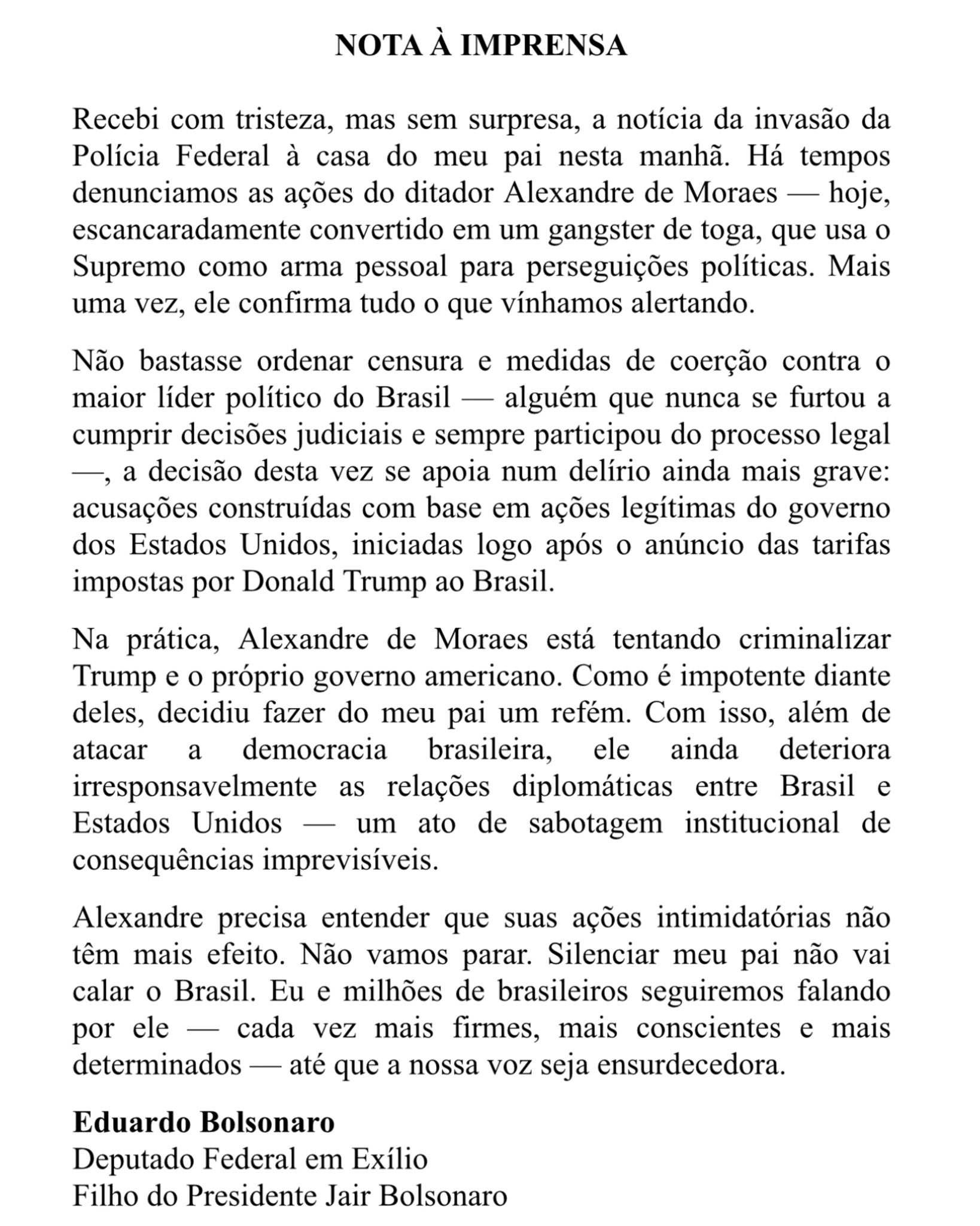 Nota publicada por Eduardo Bolsonaro sobre decisão de Moraes.