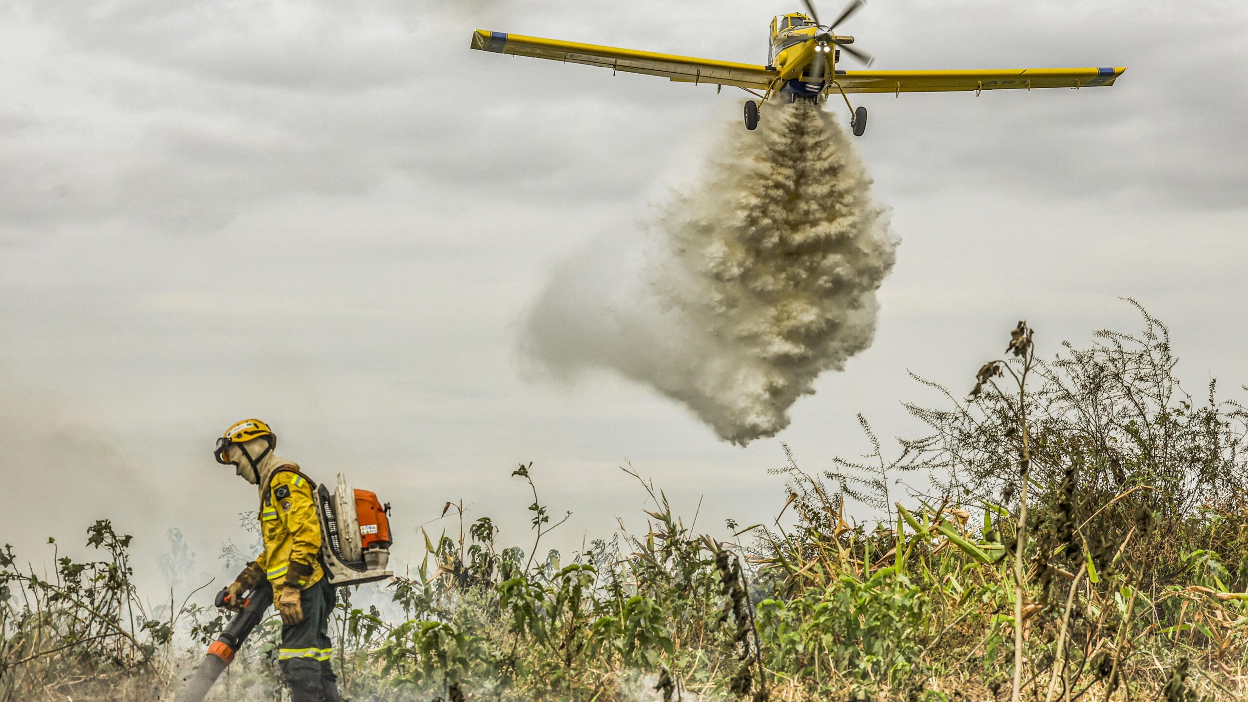 Com o auxílio de aviões, brigadistas do Prevfogo/Ibama combatem incêndios florestais no Pantanal.