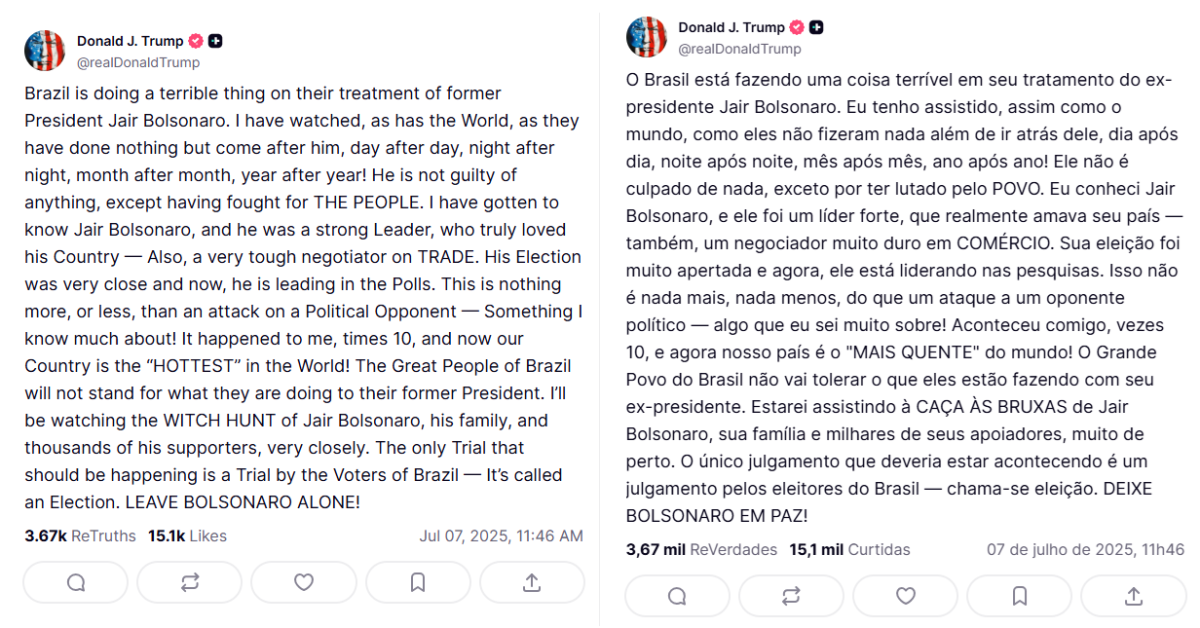 Trump saiu em defesa do ex-presidente Jair Bolsonaro.