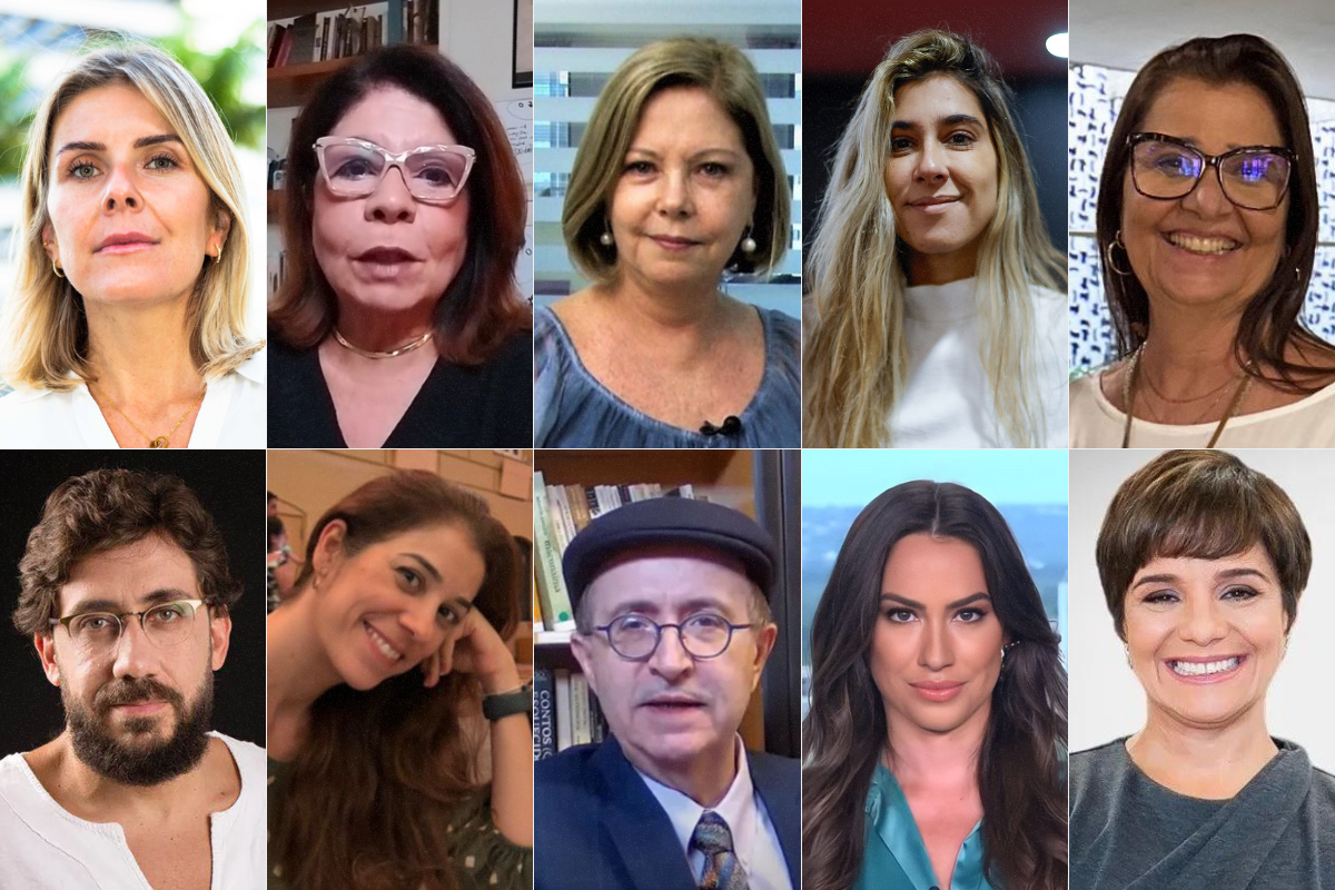 Da esquerda para a direita: Deisy Cioccari, Dora Kramer, Eliane Cantanhede, Letícia Casado, Márcia Lorenzato, Matheus Leitão, Naira Trindade, Reinaldo Azevedo, Tainá Falcão e Vera Magalhães. 