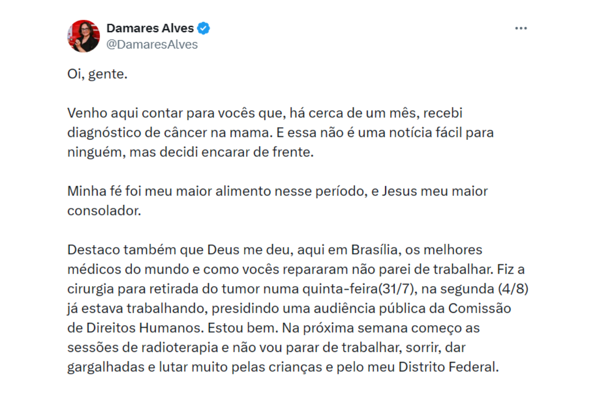 Postagem de Damares sobre diagnóstico.