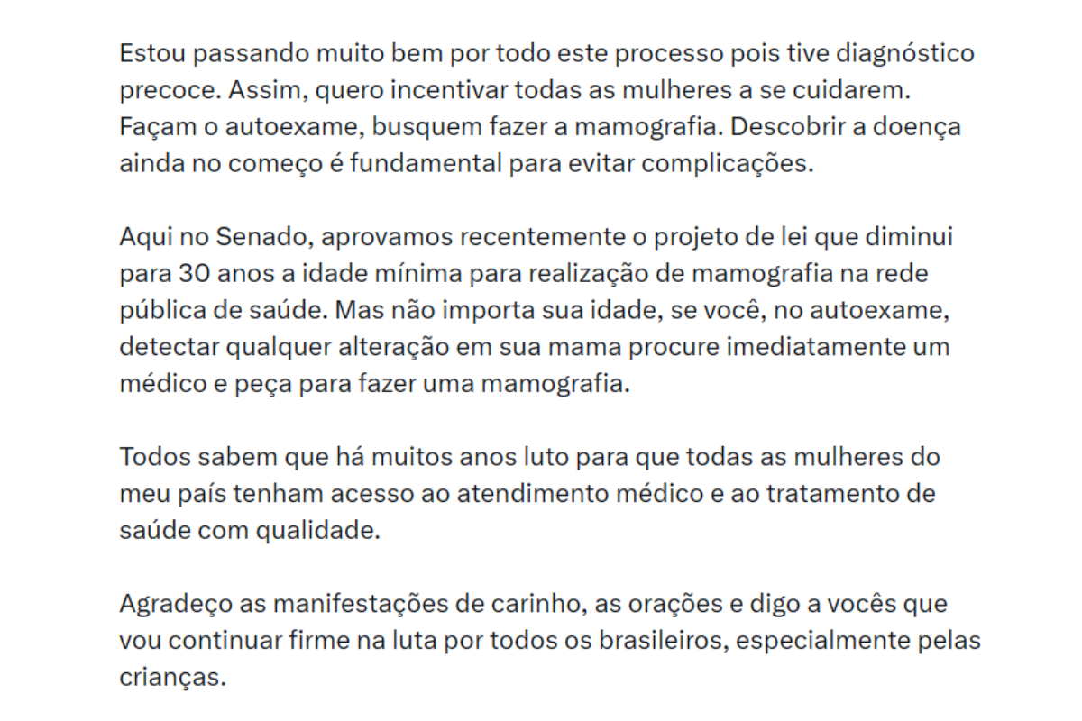 Postagem de Damares sobre diagnóstico.