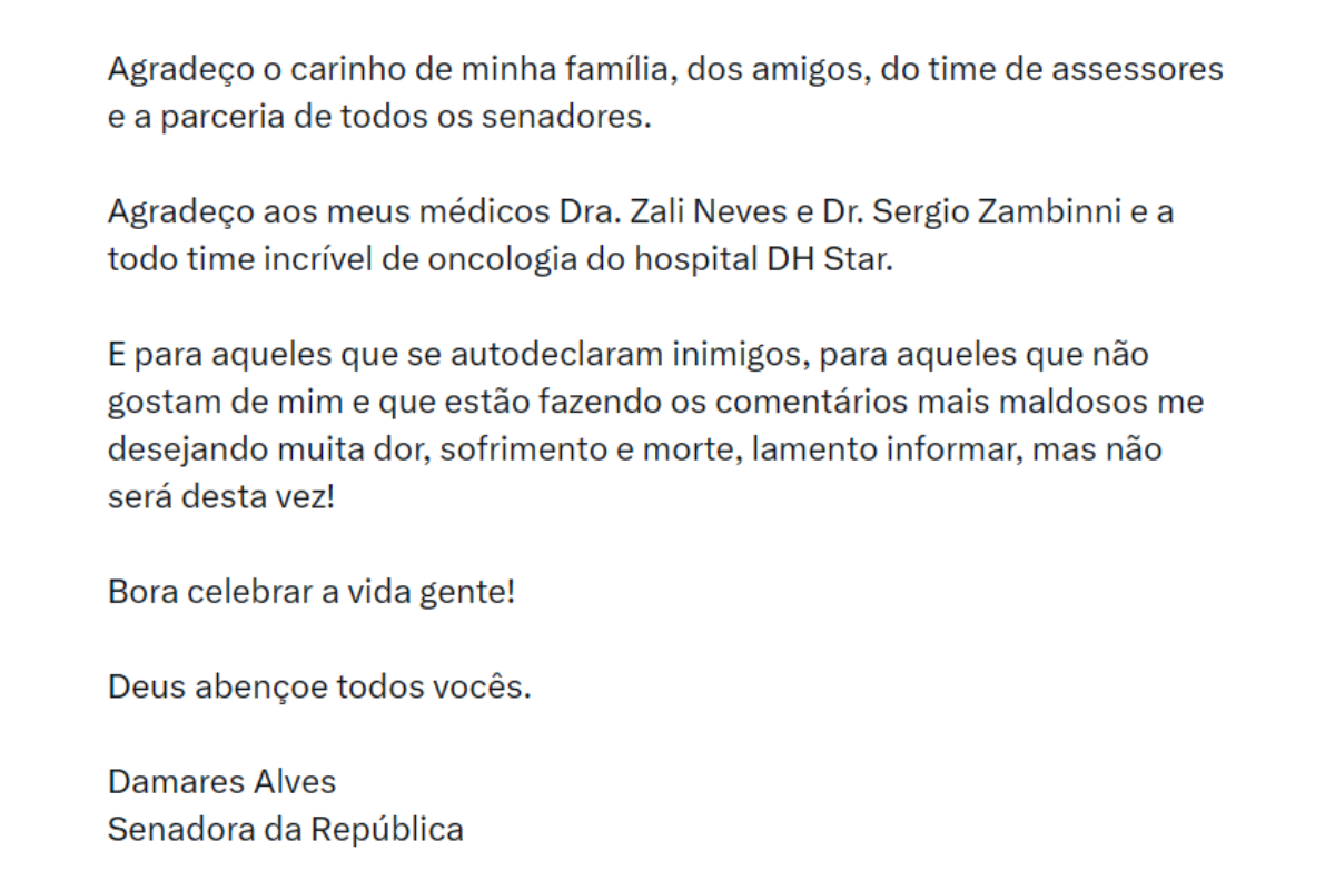 Postagem de Damares sobre diagnóstico.