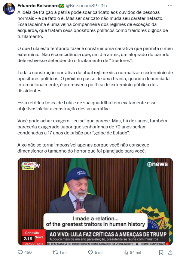 Publicação feita por Eduardo Bolsonaro no X.