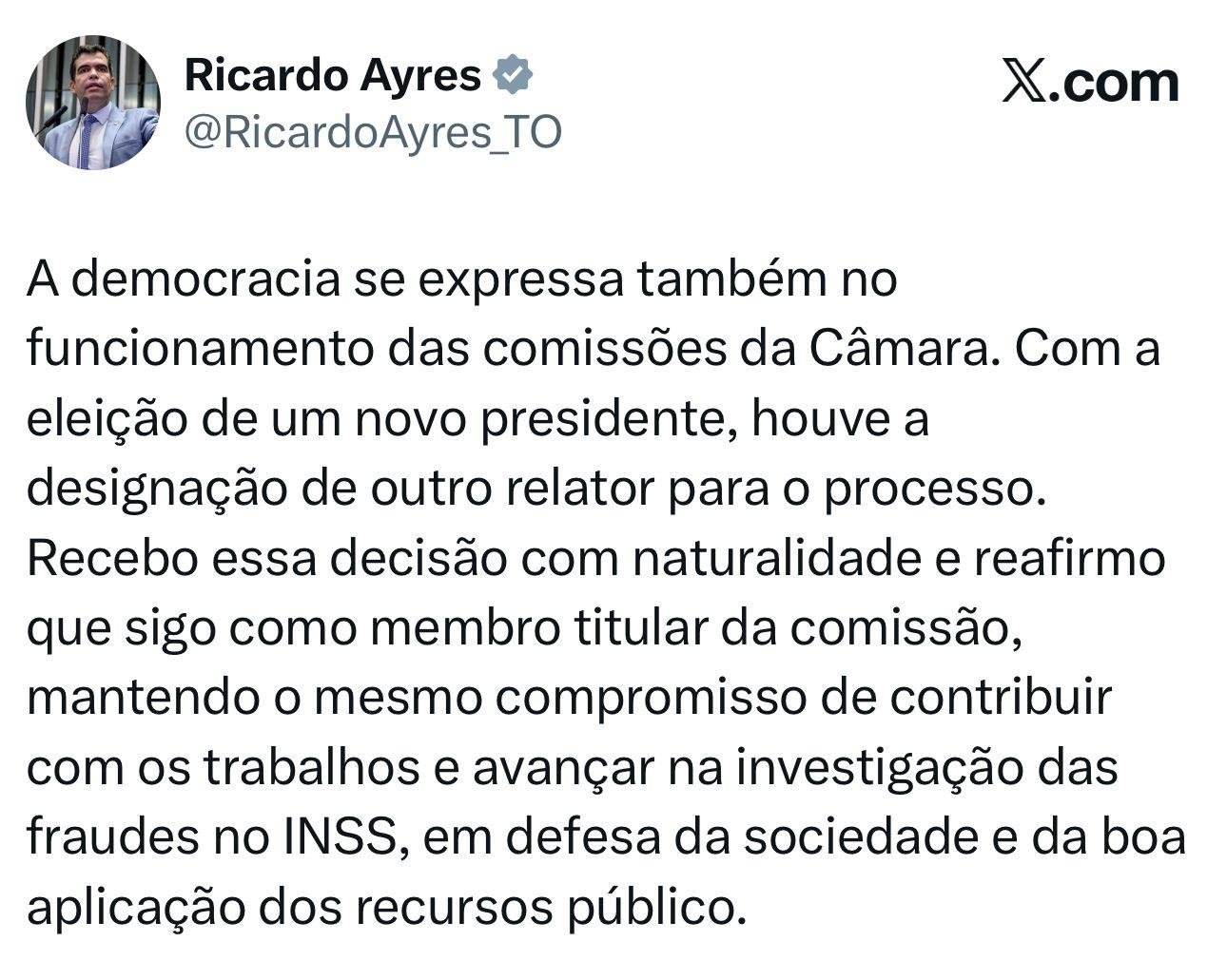 Ricardo Ayres lamentou perda da relatoria, mas disse que continuará na comissão.