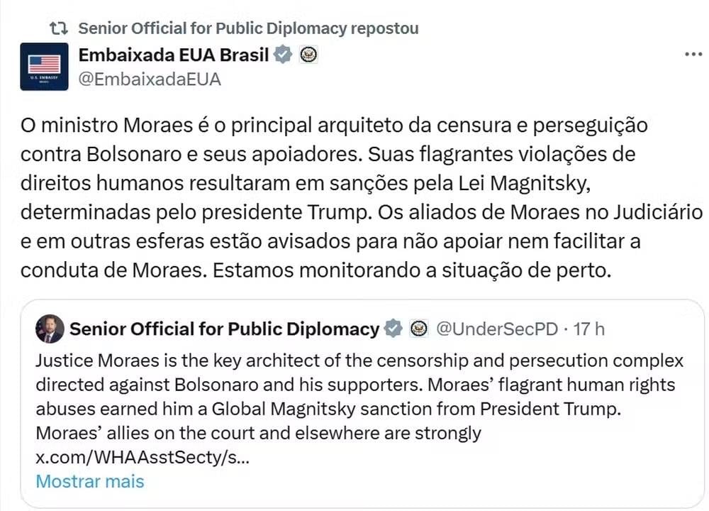 Mensagem publicada no perfil da representação diplomática dos Estados Unidos.