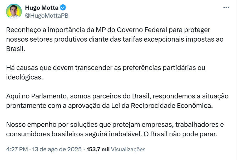 Publicação do presidente da Câmara dos Deputados, Hugo Motta.