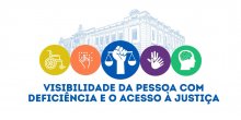 Imagem do selo do evento com prédio do TJPB ao fundo e marcas das gráficas dos cadeirantes, cegos, do TJPB, mudos e de deficiência intelectual